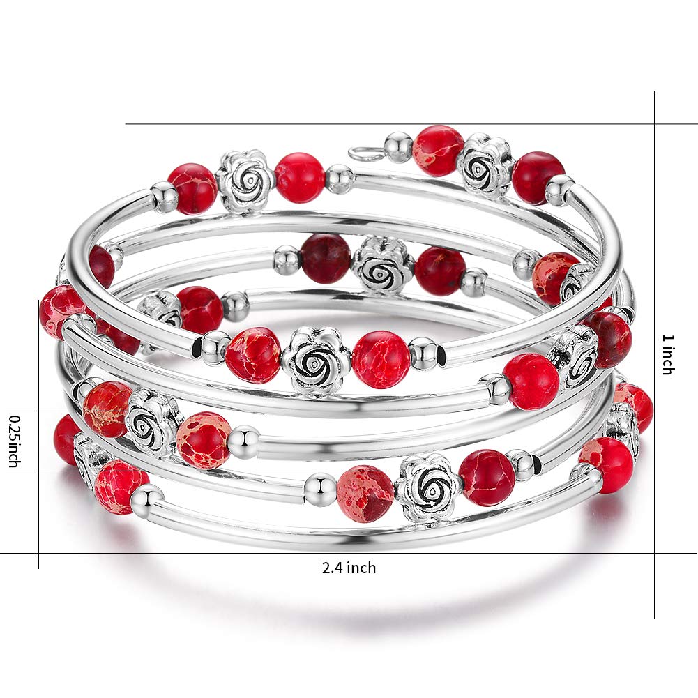 BULINLIN Wrap Bangle Rose Bead Bracelet - Beaded Bracelet with Natural Agate Stone Gifts For Women(01-Imperial red)