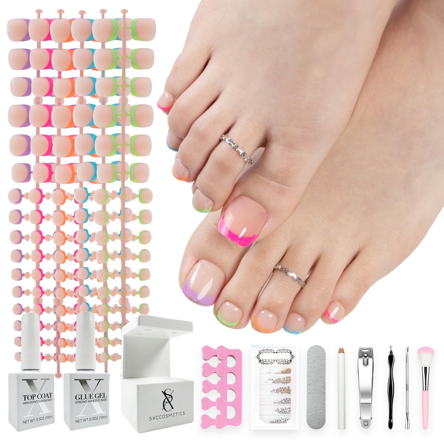 SXC Cosmetics X-Pro Tips French Tip Press On Toenails for Women, Acrylic Soft Gel System (Short French Pastel Glow, Short)