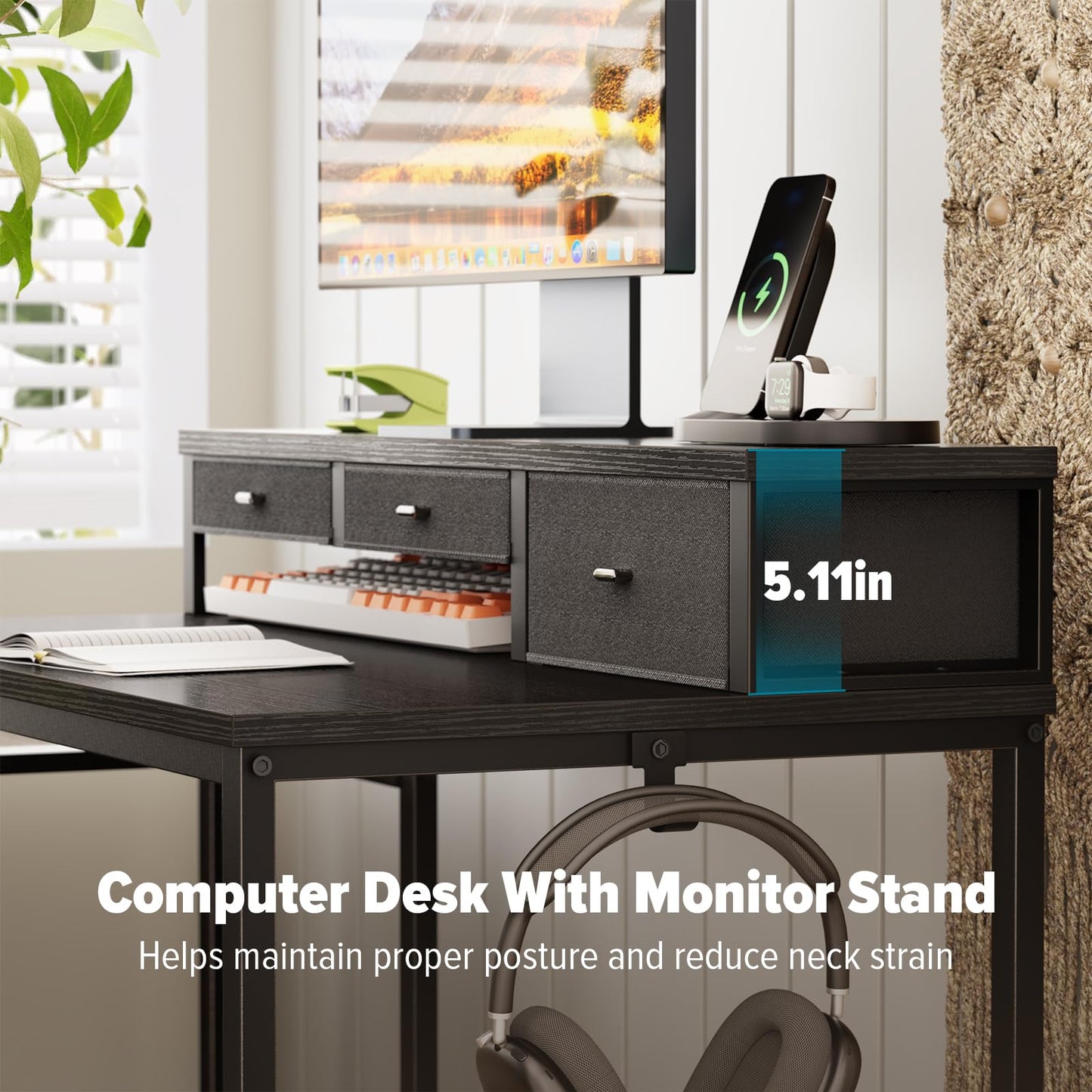 SINPAID 47 inch Computer Desk with Printer Shelf, Gaming Desk with Monitor Stand and Drawers, Reversible Home Office Desk with Storage Shelves and 2 Hooks, Home Workstation for Study Writing, Black