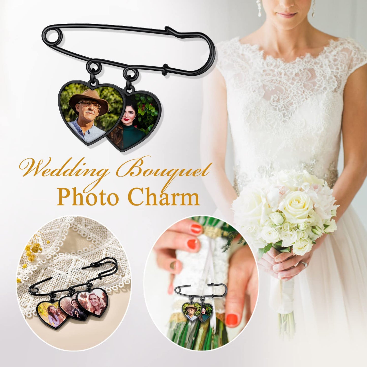 Custom4U Bridal Bouquet Photo Charms Customized Memory Heart Charm for Wedding Funeral Boutonniere Pictures Brooch Pins