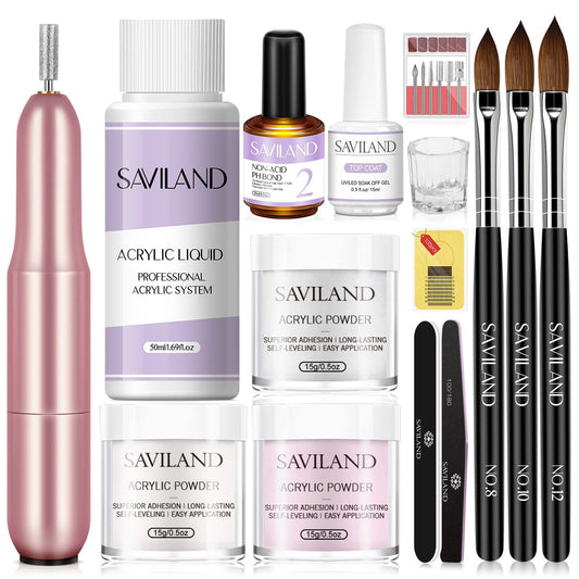 SAVILAND Acrylic Nail Kit with Drill: 3 Colors Acrylic Powder 0.5 oz Each, Nail Liquid, 20,000 RPM Nail Drill, Brushes & All Essential Tools, Nail Kit for Beginners with Everything for DIY Extension