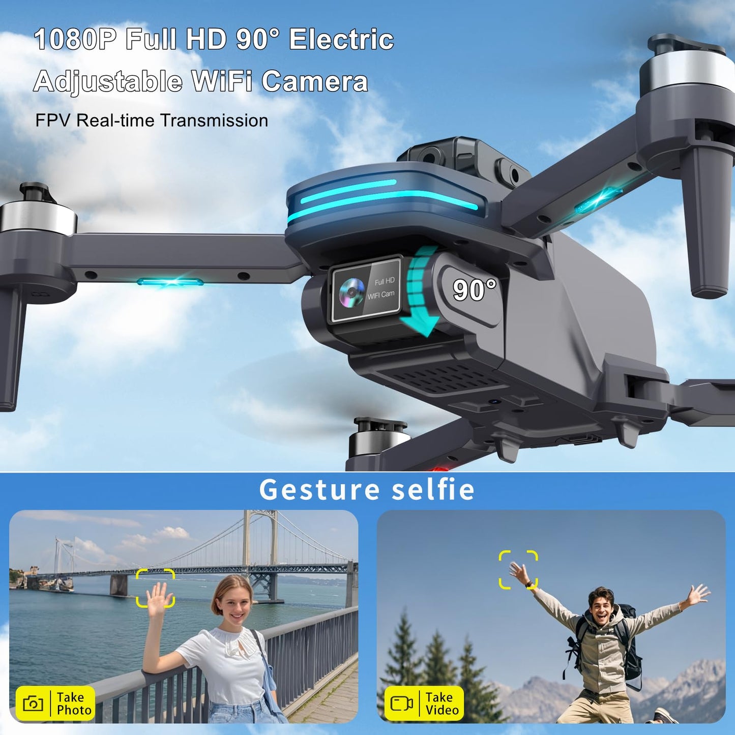 Remote Control FPV Drone with 1080P Camera for Kids and Adults Beginners, Foldable Quadcopter with Carrying Case, Adjustable Len, Gestures Selfie, Brushless Motor, Altitude Hold, 3D Flips, Voice Control, One Key Take Off/ Land, Waypoint Fly, Optical Flow