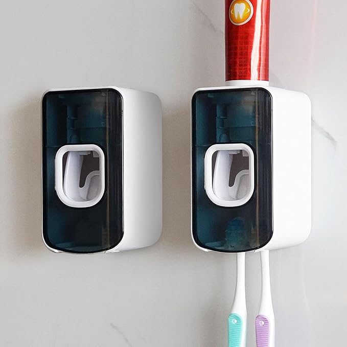 2 Slot Toothbrush Holder and Toothpaste Dispenser Wall Mounted, Automatic Toothpaste Squeezer, 2 in 1 Tooth Brush Toothpaste Organizer for Shower (Blue 2Pack)