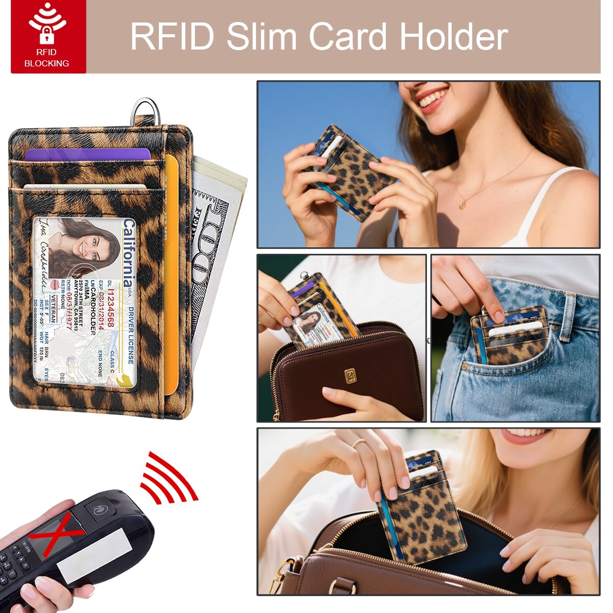 Coco Rossi Slim Front Pocket Wallet Minimalist RFID ID Card Holder Cute Small Wallets with Wrist Lanyards Key Chain Holder for Women, Brown Leopard