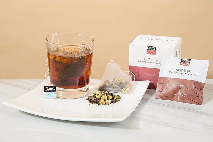 ChaWuWarmSun Chrysanthemum & Puerh Tea Bags,16 Tea bags,8 Count/Box(Pack of 2),Natural Chrysanthemum Tea Buds with Royal Puerh Tea Loose Leaf