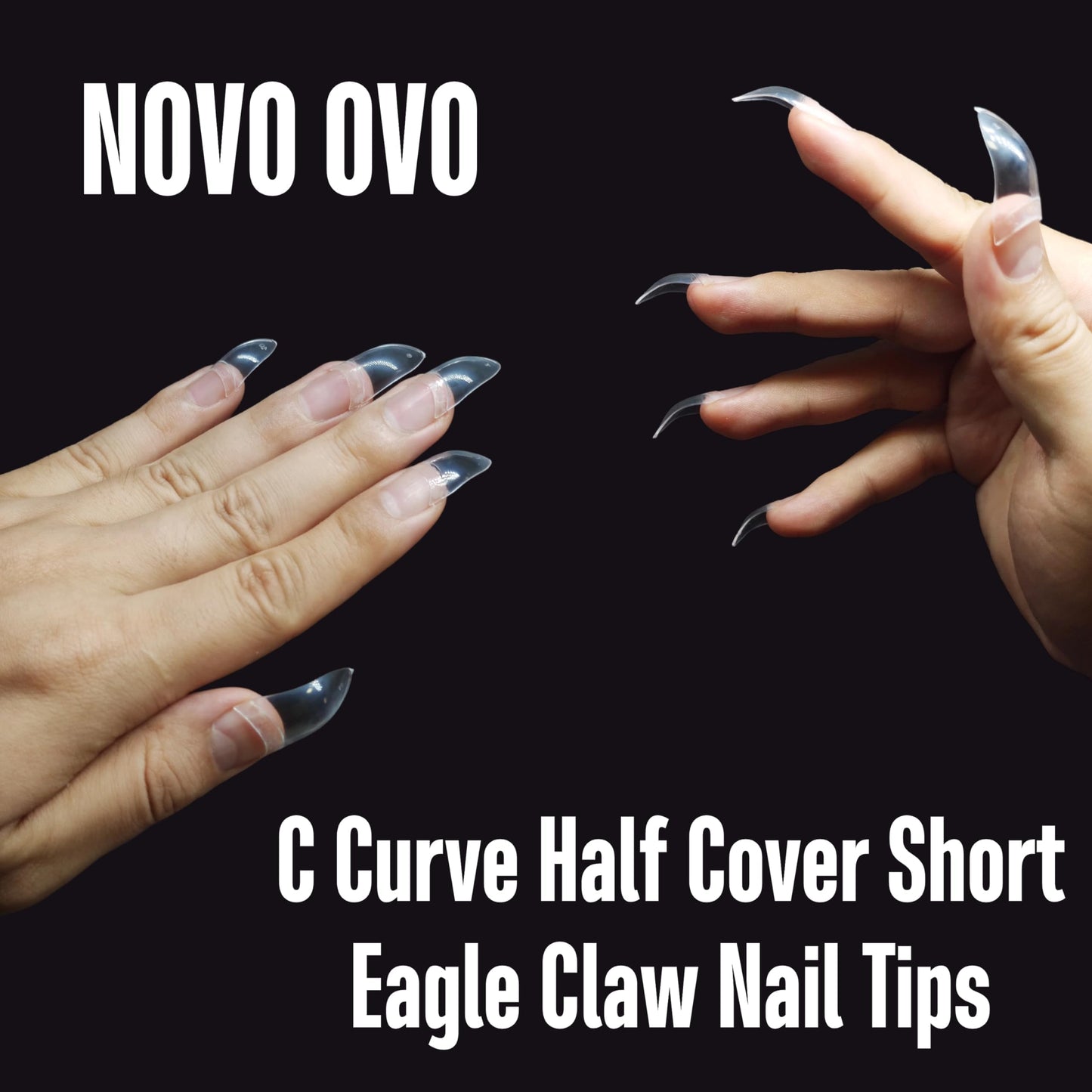 NOVO OVO Halloween Nail Tips Curved Stiletto, Clear Gel x Extension kit Half Cover Press on 3D Eagle Claw nails, Thick Extra Hawk Deep Curve Almond French Tips Soft False Acrylic Nail 504pc 12 Size