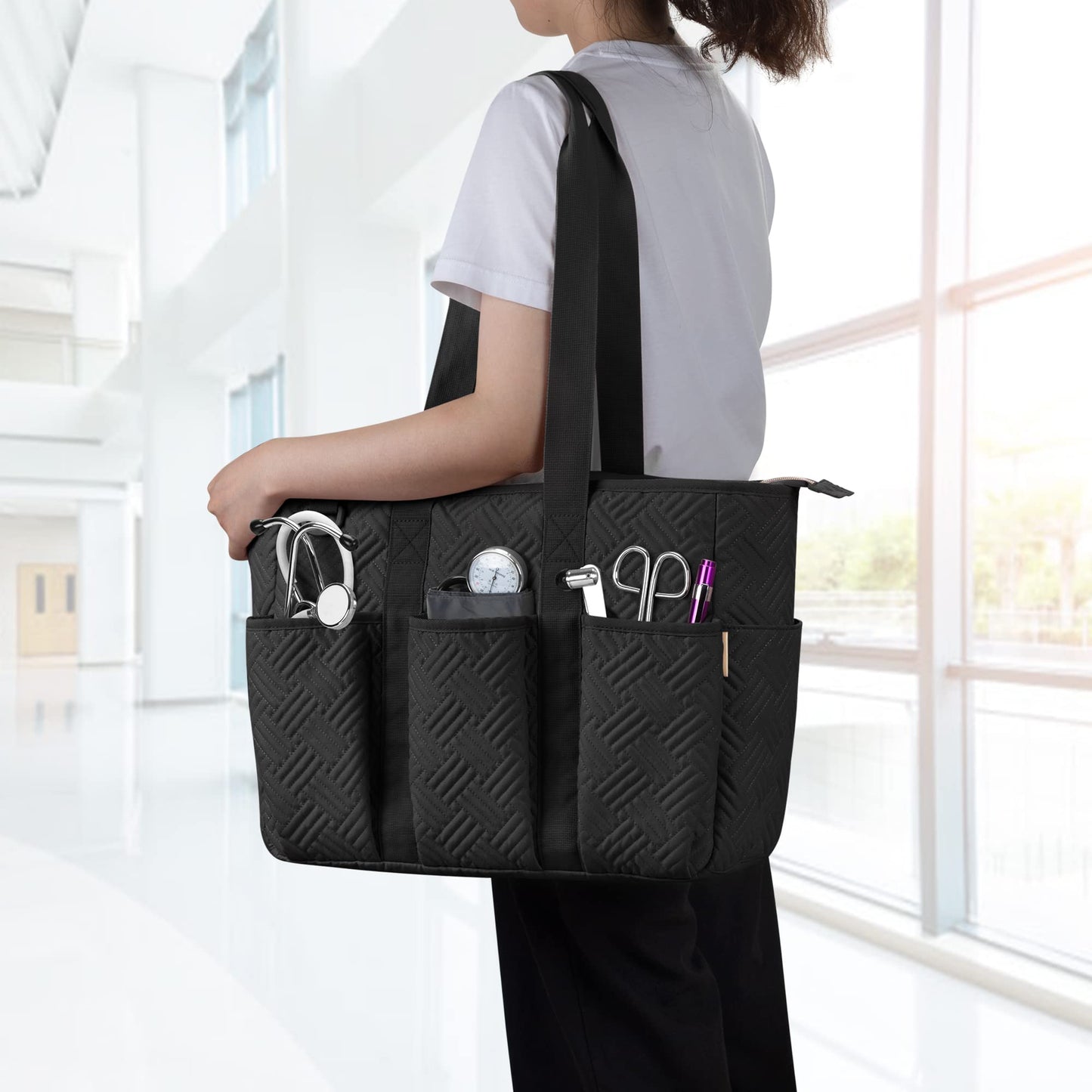 Fasrom 2PCS Nurse Tote Bag Bundle for Work, Structured Clinical Bag and Lightweight Puffer Nursing Tote, Multi-Pocket Nurse Bags for Nurses, Nursing Students, Home Health Care, Black+Pink