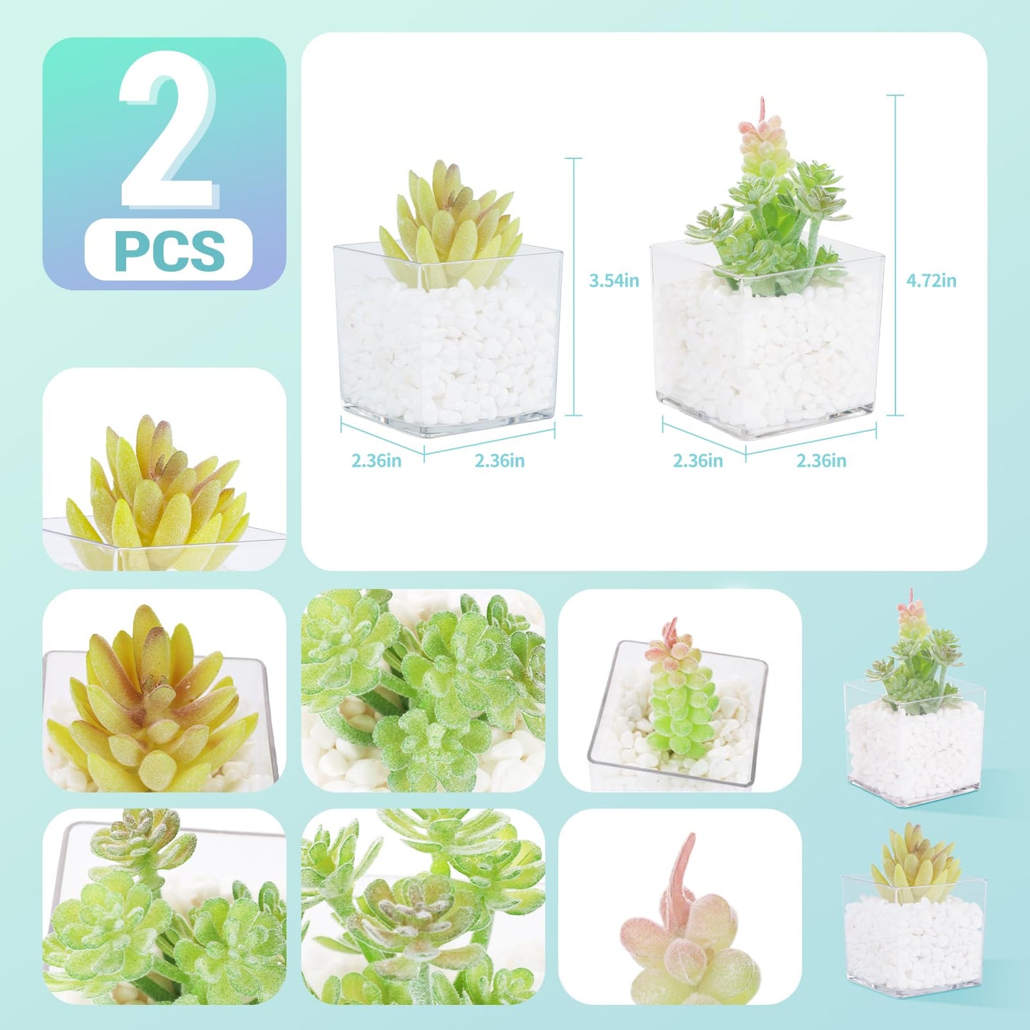 PapakeNook 2-Pack Mini Clear Acrylic Artificial Succulent in Pots Small Fake Plants for Living Room Bathroom Plant Shelf Decor Office Desk Floating Shelves Window Sill Decoration Accessories