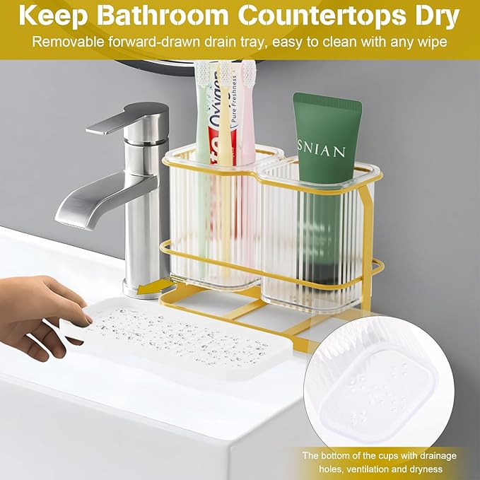 Gold Toothbrush Holders for Bathrooms, 2 Cups Toothbrush Holders Wall Mounted, Dry & Wet Separation, Bathroom Organizer and Storage - Bathroom Toothbrush Holder Set for Family Kids