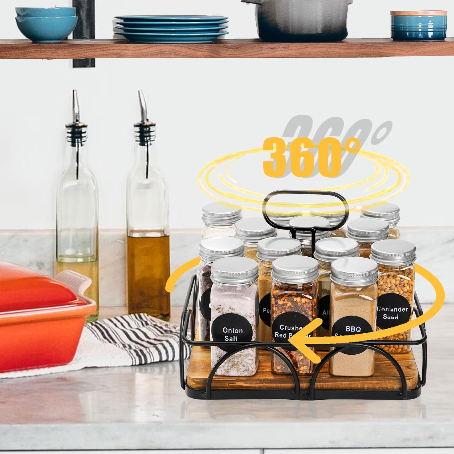 WRINGKIT Condiment Caddy with Handle Lazy Susan, 9 Inch Wood Spice Caddy, 360° Turntable Organizer for Cabinet, Kitchen, Condiment Holder for Table, Restaurants, Seasoning Tray