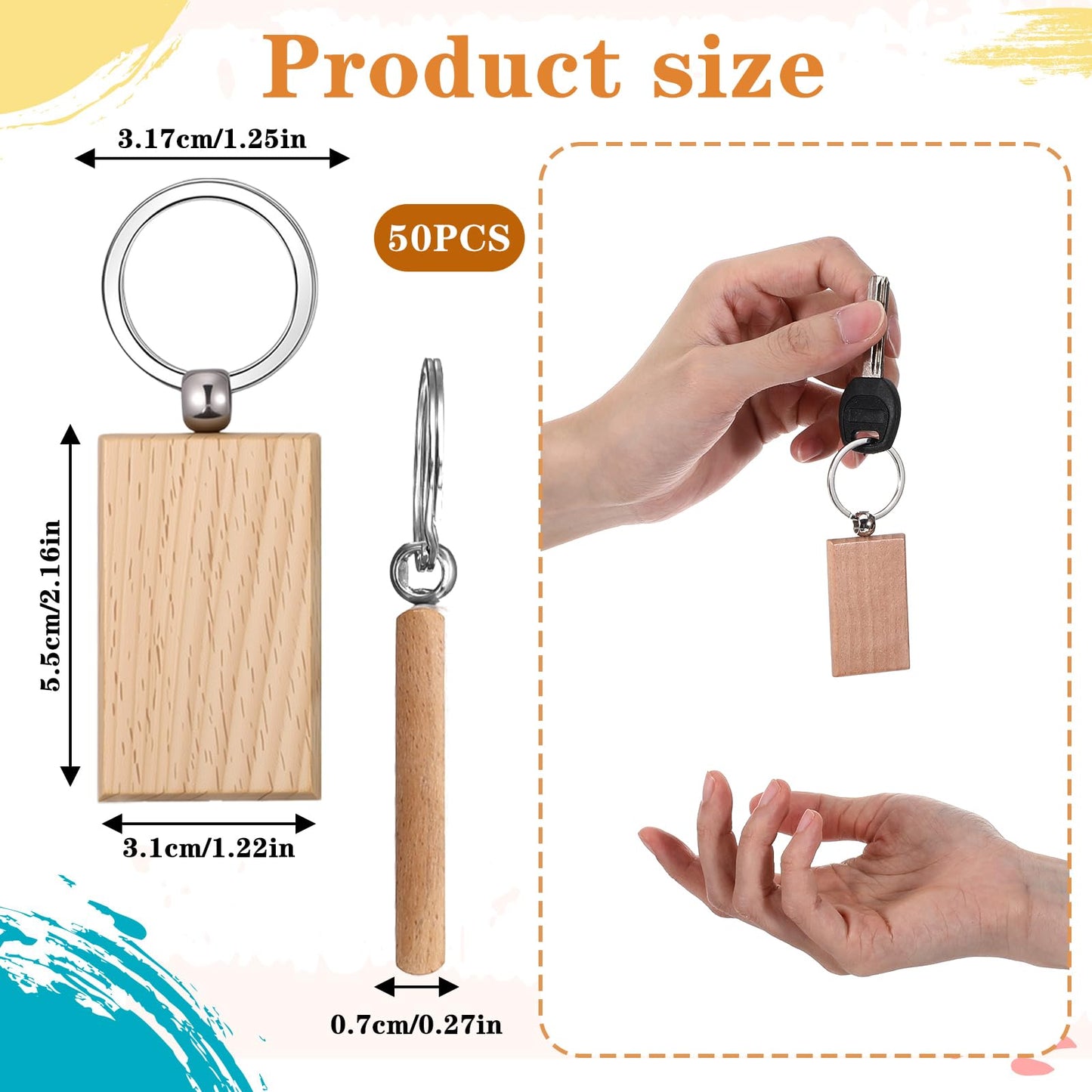50 Pcs Wooden Keychain Blanks, Unfinished Wood Key Chains Bulk for DIY, Laser Engraving Gifts, Crafting, Gift Making, Rectangle Shape