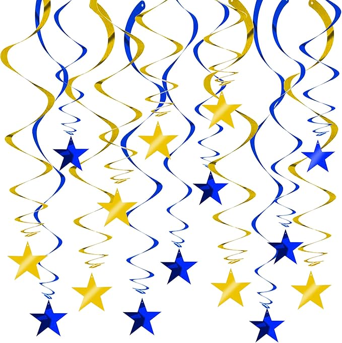 BEISHIDA Blue Gold Stars Hanging Swirls Graduation Hanging Ornament Decorations for Birthday Party Baby Shower Congrats Grade 2025 Graduation Decorations,Pack of 15