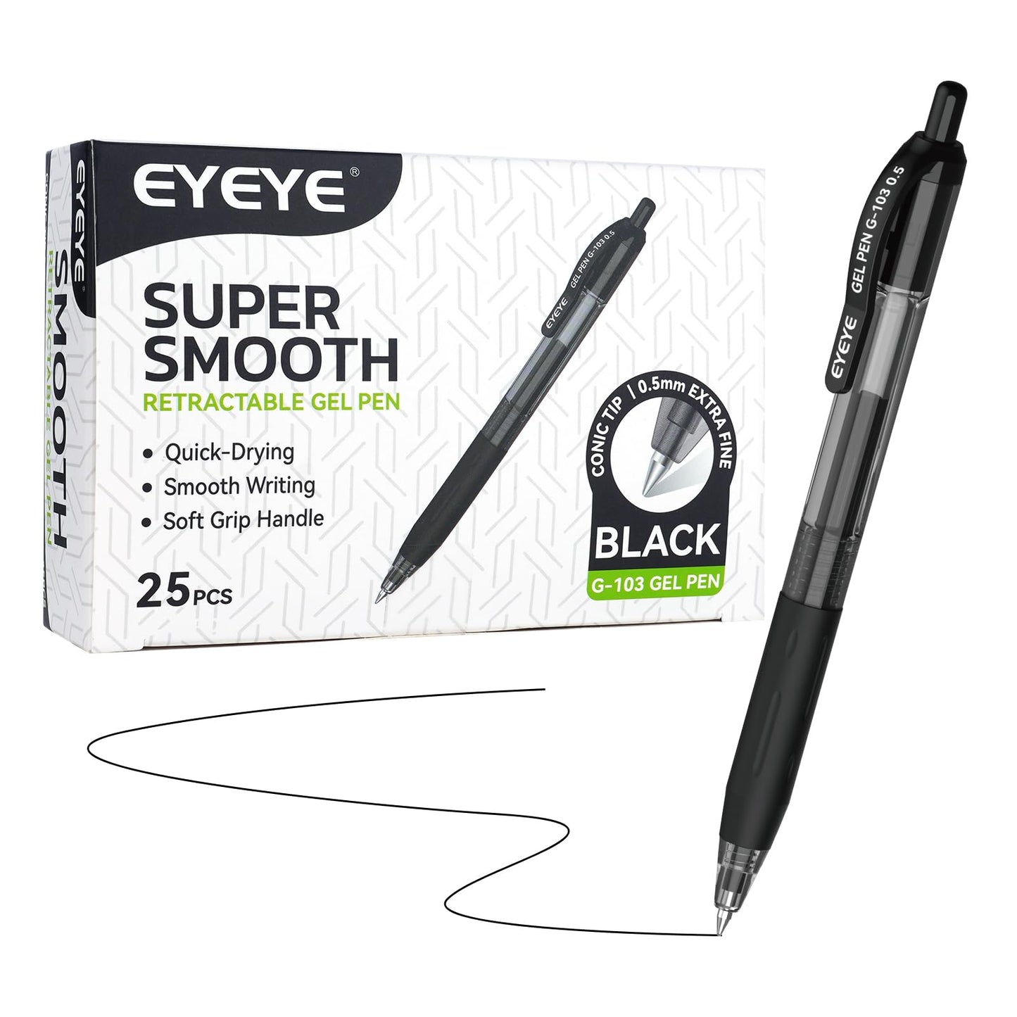 EYEYE G-103 Retractable Gel Pens Black 0.5mm, 25 Pack Extra Fine Point Gel Ink Pens Quick Drying, 0.5 mm Fine Piont Ballpoint Pen Smooth Writing for Office School Supplies