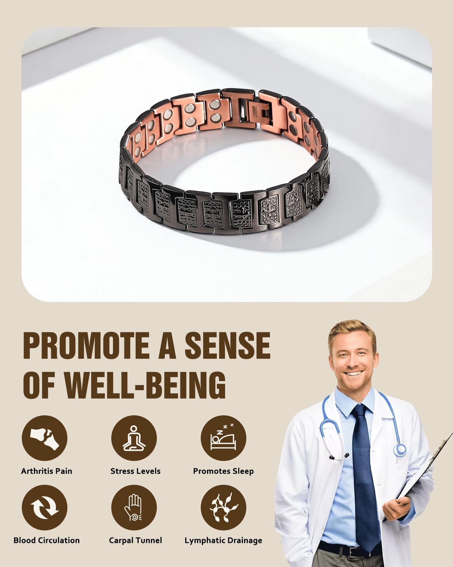 Jecanori 2X Pure Copper Magnetic Bracelet for Men, Mens Cross Bracelets With 3800 Gauss Magnets,Ideal Gift