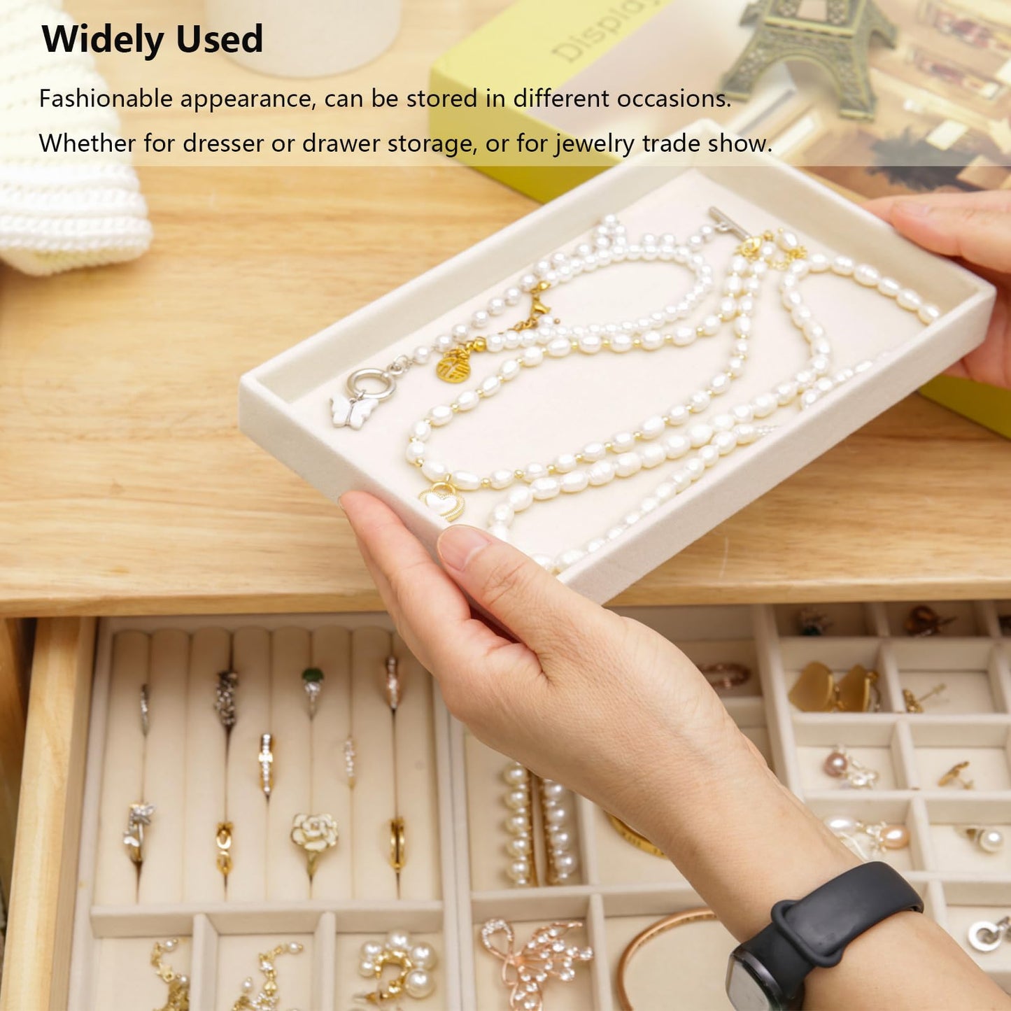 AIRZSNRY Velvet Jewelry Organizer for Drawer, Stackable Jewelry Drawer Inserts in Dresser, 8in Beige Storage Display Case for Rings Stud Necklaces Accessories, Set of 12