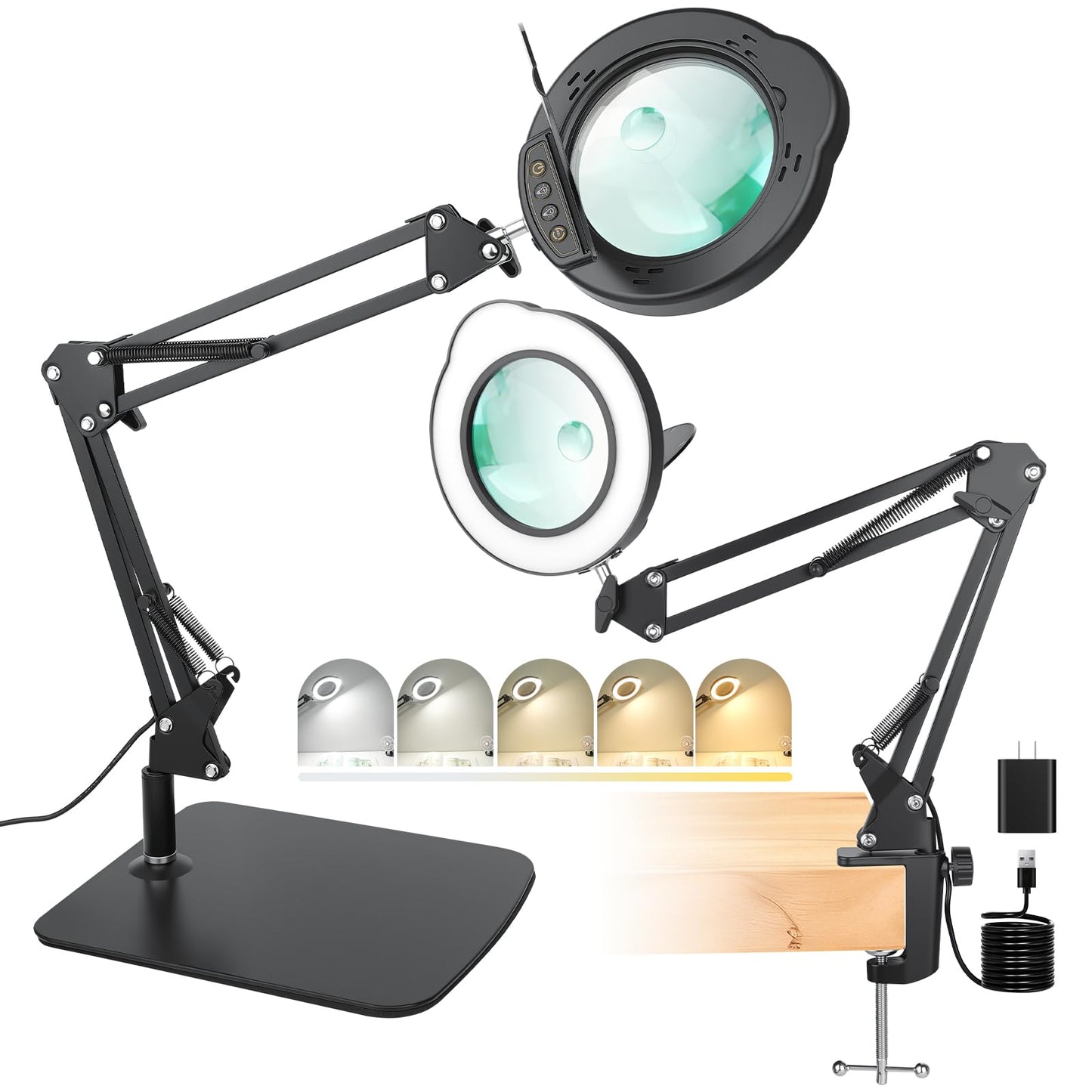 15X 30X Magnifying Glass with Light and Stand, LED Desk Lamp with Base and Clamp, 5 Color Mode, 10 Dimmable Levels, Hands-Free Magnifying Glasses for Close Work, Reading, Crafts, Jewelry