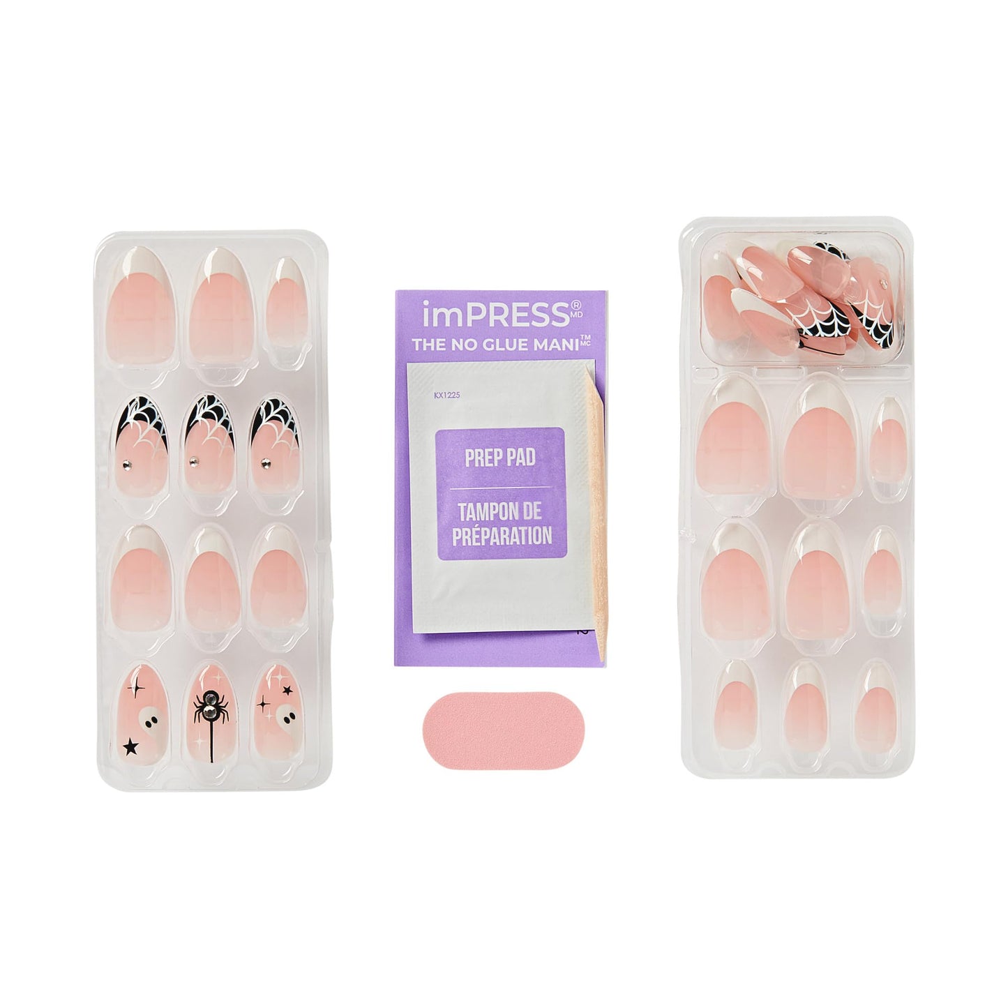 KISS imPRESS Halloween Press On Nails Almond, ‘Drop-dead Gorg’, White, Medium, Glossy Finish, No Glue, Glow-In-The-Dark, Includes Prep Pad, Mini Nail File, Manicure Stick & 30 Fake Nails