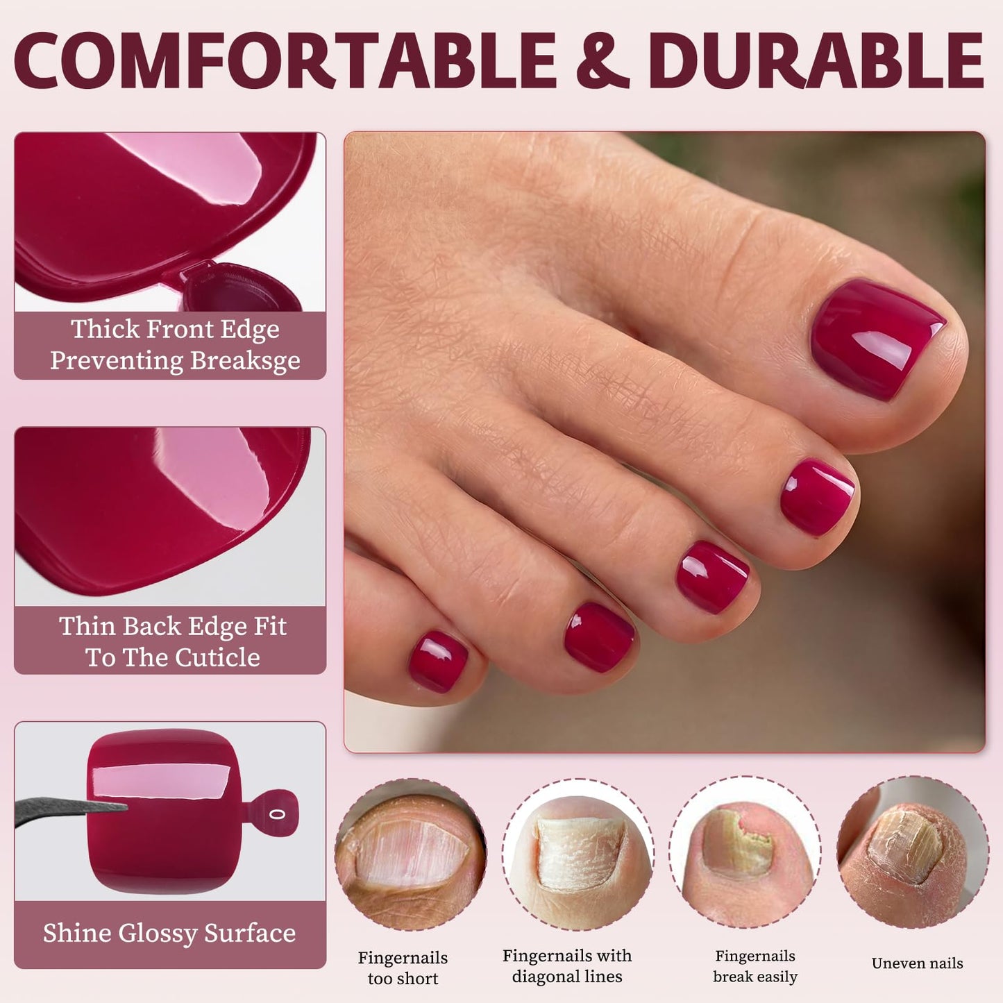 120pcs Burgundy Press on Toenails for Women,Short Square Fake Toe Nails,12 Sizes False Toenails with Nail Glue and Adhesive Tabs