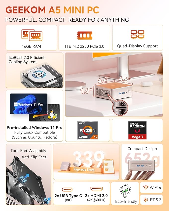GEEKOM A5 2026 Mini PC with AMD Ryzen 5 7430U, 3-Year Coverage, 16GB RAM(Upgradable, Not LPDDR)&1TB M.2 NVMe SSD, Windows 11 Pro Desktop Computer Support 8K/Wi-Fi 6/BT 5.2/USB 3.2/SD Slot/6x USB