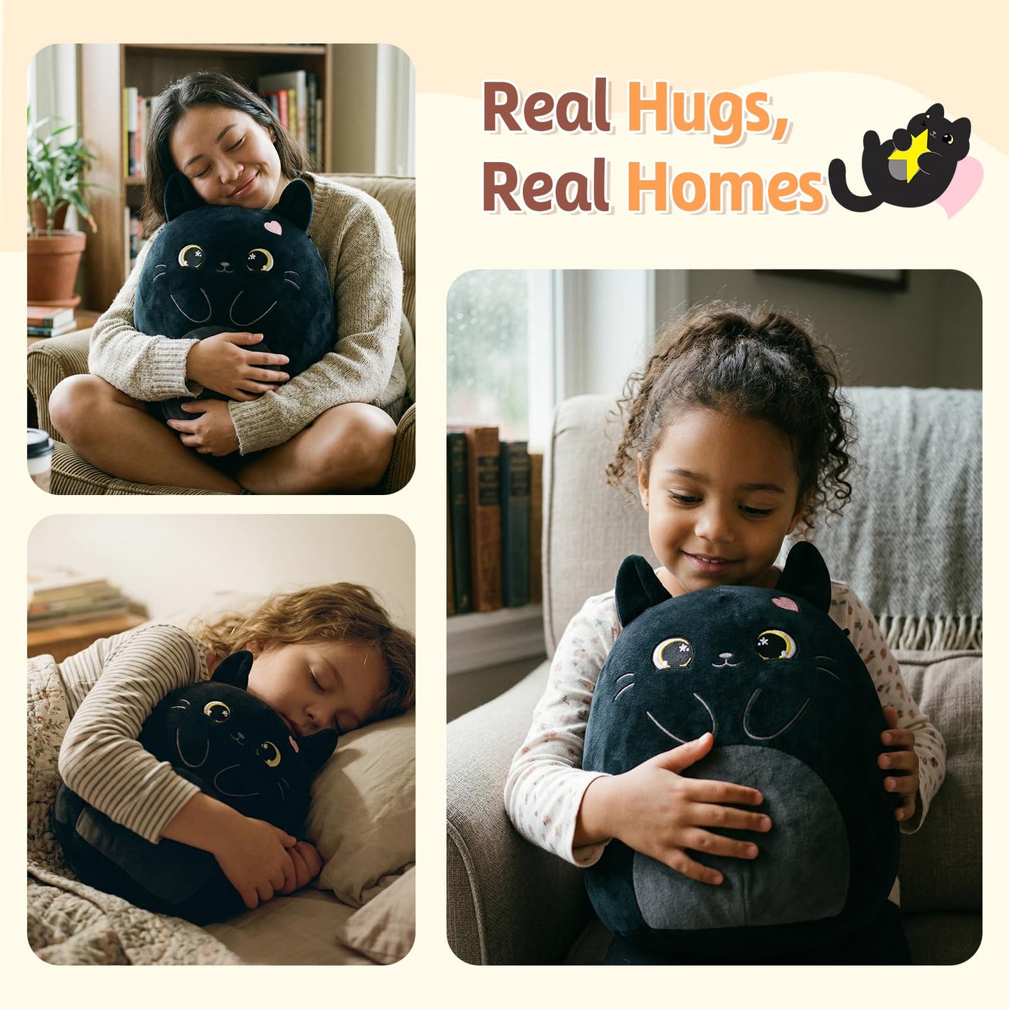 PEACH CAT Original Black Cat Stuffed Animal 12" Cute Kitten Plushies Soft Plush Toys Gifts for Kids