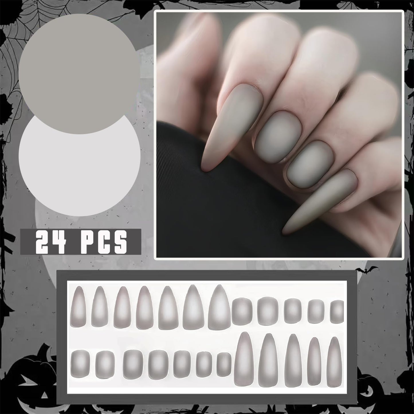 Halloween Vampire Teeth Press on Nails Short Square Black Matte Fake Nails Horror Bloody Long Stiletto Halloween False Nails for Women Girls Vampire Design Manicure Decoration 24Pcs