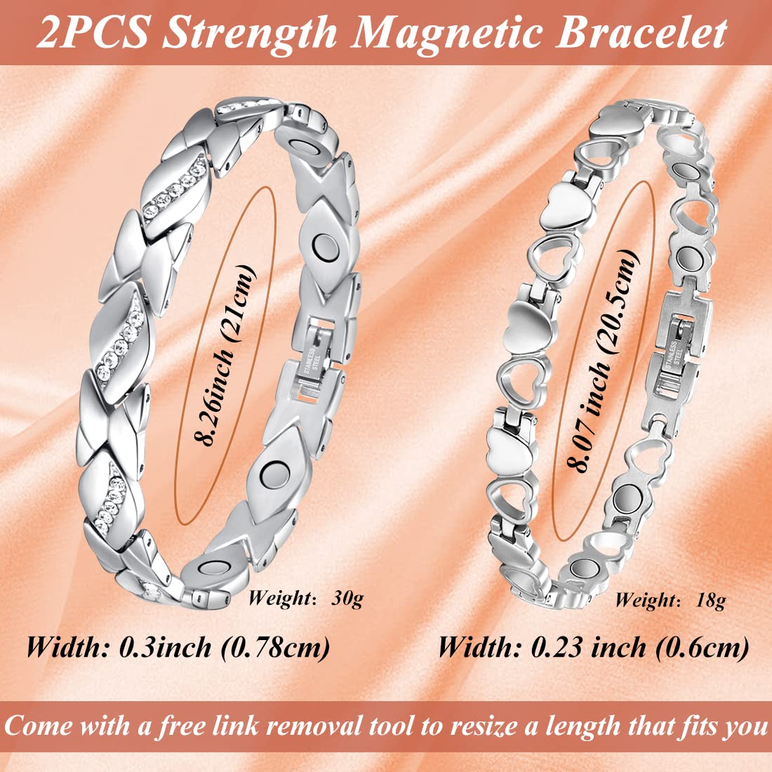 Cigmag 2PCS Magnetic Bracelets for Women Adjustable Titanium Steel Magnetic Bracelet with Strength Magnets Sizing Tool (Crystal & Love)