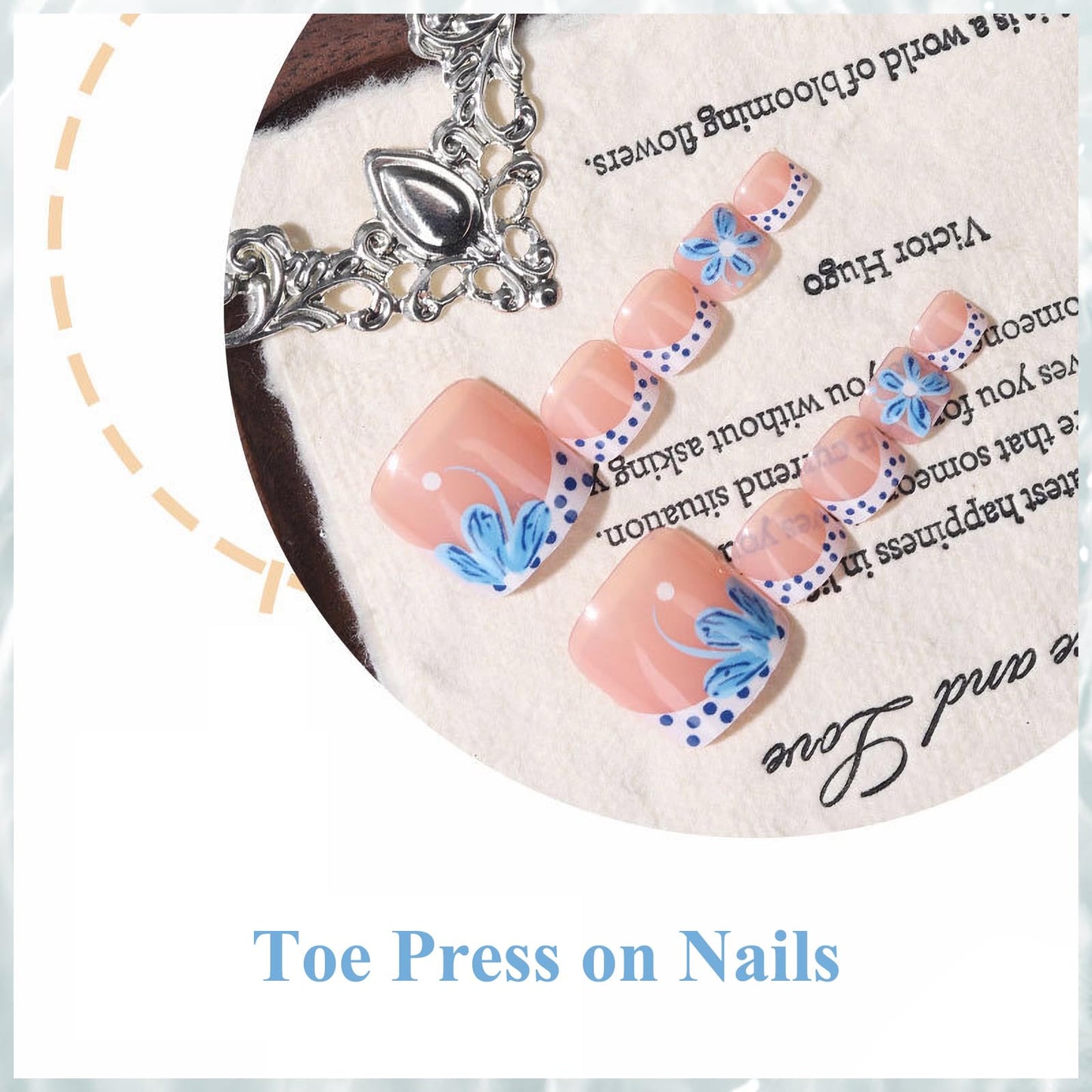 MISUD Toe Press on Nails - Fake Toenails with Blue Flower Polka Dot, Acrylic Toenail White French Tip Design 24 pcs