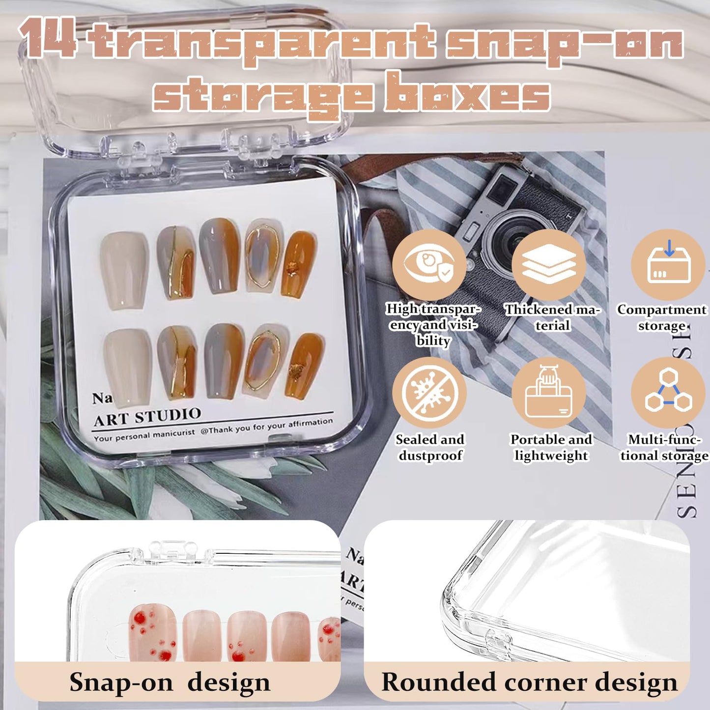 Oskrieel Press on nail storage 14 PCS Acrylic Nail Storage Box - Portable Versatile Organizer for Press - On Nails, Jewelry and More with 60 Pcs Adhesive Double Sided Tape