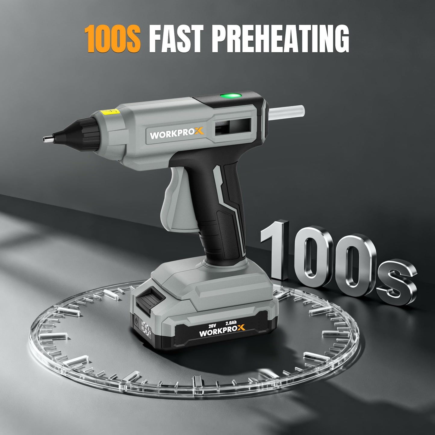WORKPROX Cordless Hot Glue Gun, 90min Runtime, 20V Rechargeable Full-Size Glue Gun Kit with 20pcs Glue Sticks, 2Ah Battery, USB-C Charging Cord, Smart Power-Off for DIY Crafts, Repair, School Projects