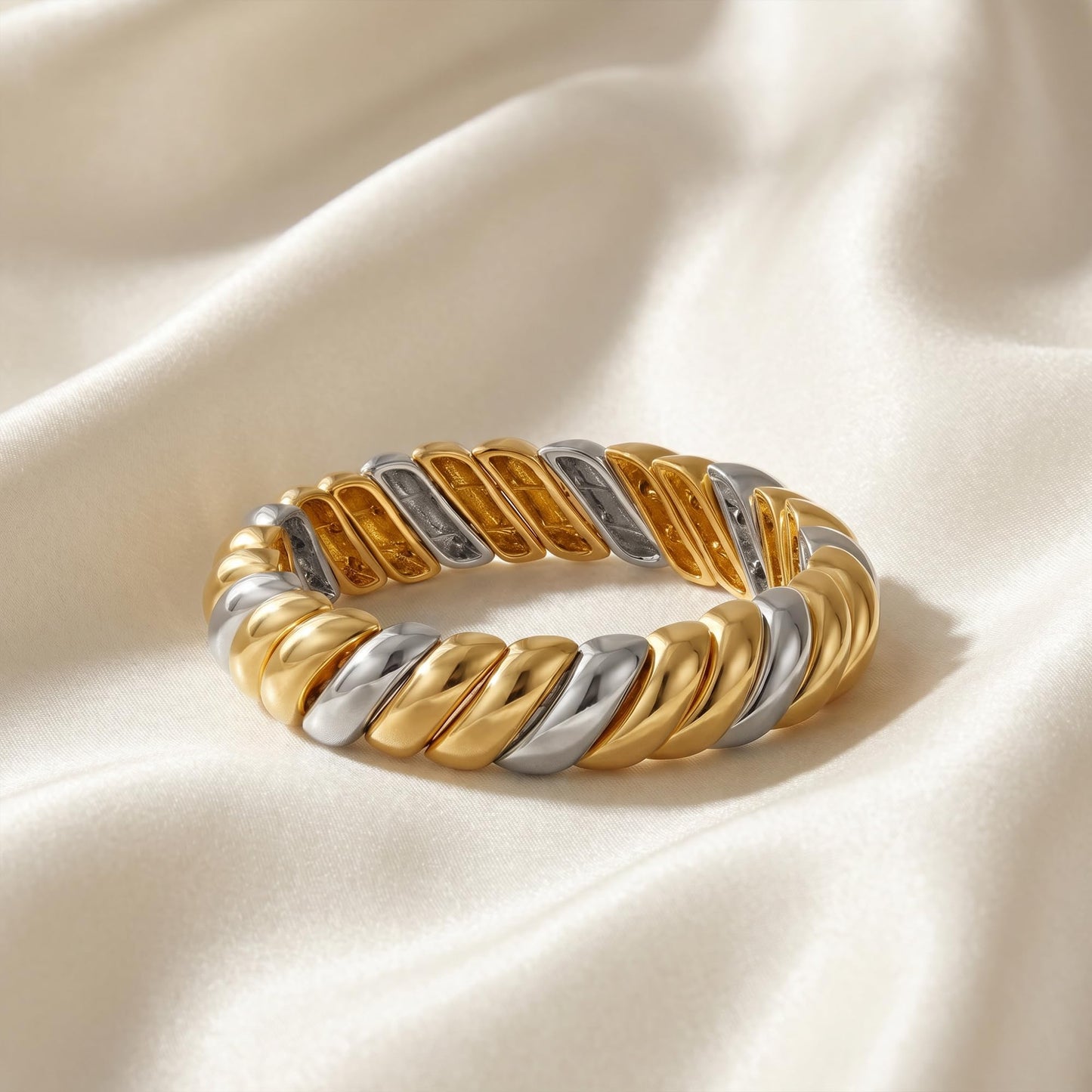 FAMARINE Gold Silver Chunky Bangle Bracelet for Women Men Two Tone Stretchchable Elastic Bracelet Jewelry Gift for Daily Wear