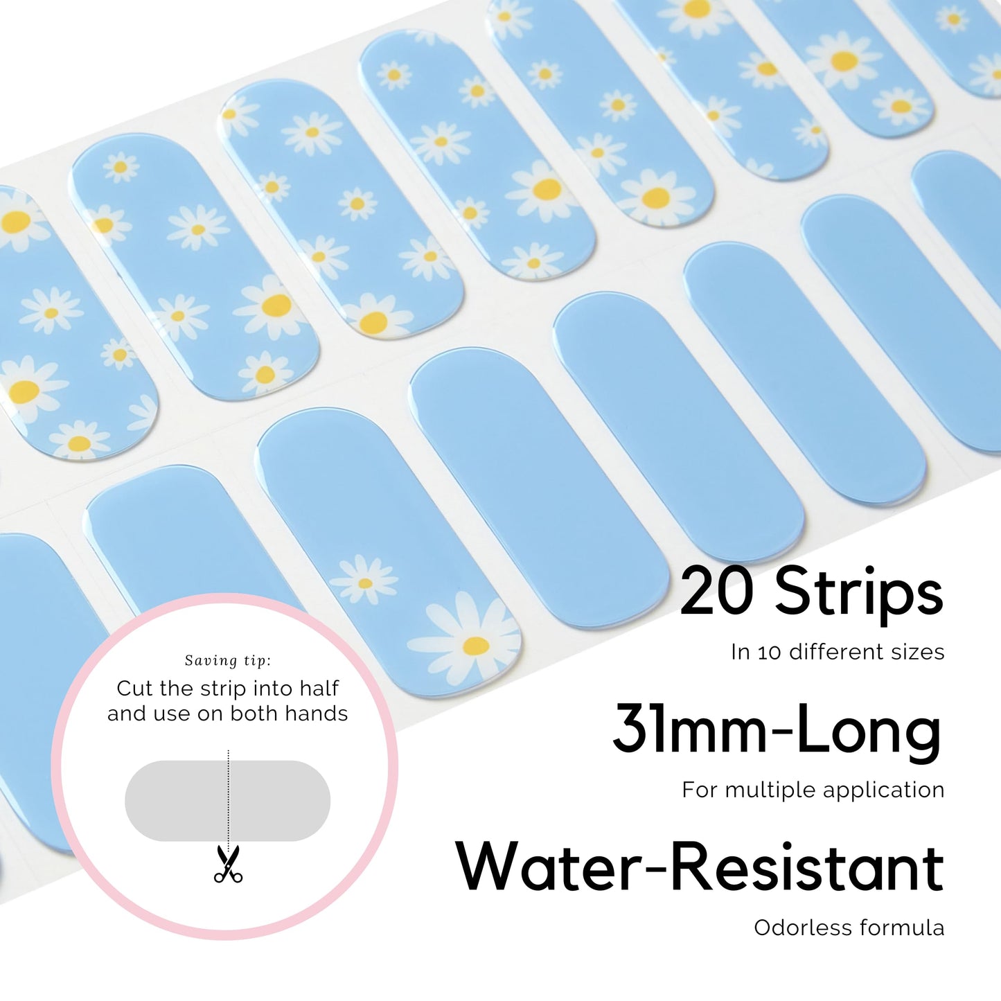 Semi Cured Gel Nail Strips - NAILOG 20 Pcs Blue Flowers Nail Stickers Extra Long Wraps with Glossy Gel Finishing for Spring Summer, Petals in the Wind