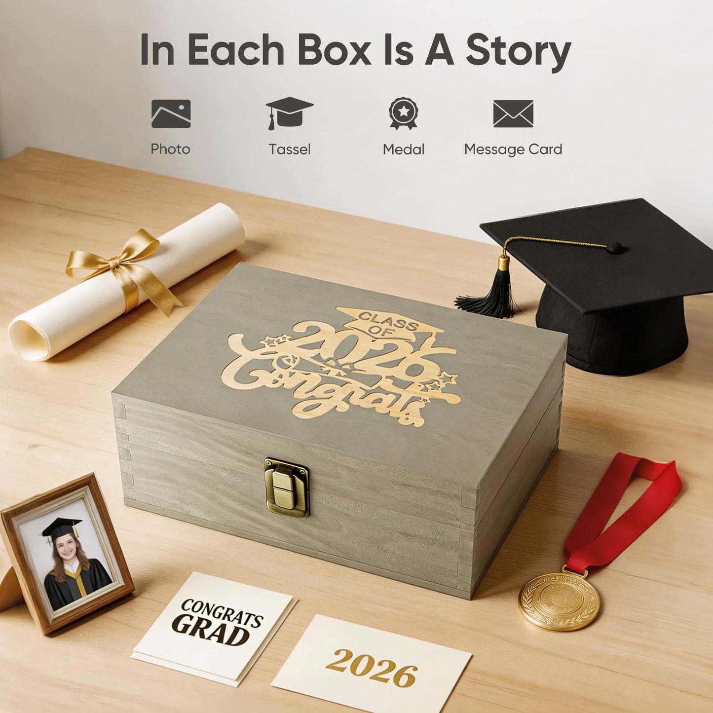 REMEIT Graduation Keepsake Box - Engraved Class of 2026 Wood Memory Box Congrats Grad Gift for Him Her, Perfect for Storing Graduation Memories & Mementos