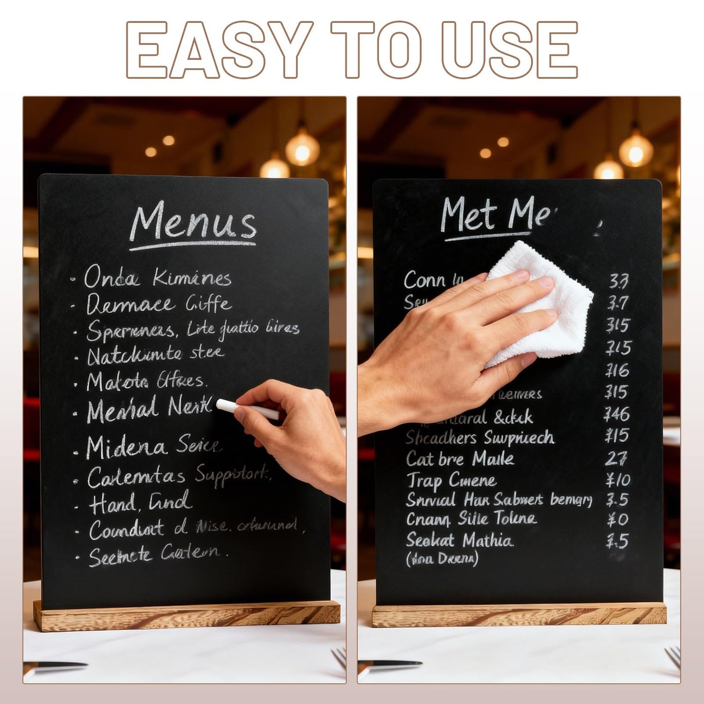 Neworkg 6 Pack Chalkboard Sign with Wood Base, Tabletop Message Board Sign for Wedding, Restaurant and Party Decoration, 7.87x11.81 Inches