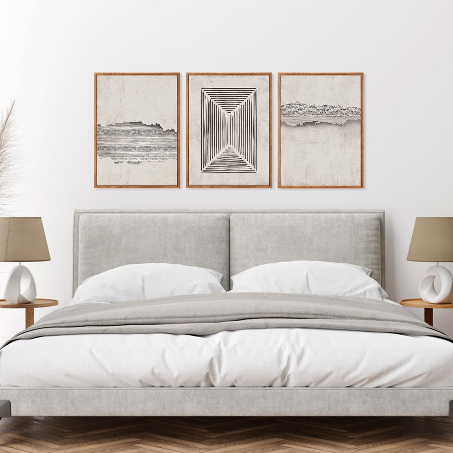 CHDITB Abstract Minimalist Framed Canvas Wall Art Set Of 3, Modern Mid Century Wall Decor, Geometric Line Textured Inspired Artwork, Neutral Art Print For Living Room Office Bedroom Decor (12X16 Inch)