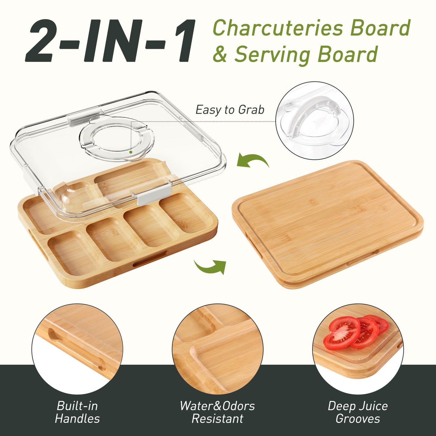 Charcuterie Board with Clear Lid, 2 Side Large Bamboo Cheese & Cutting Board for Kitchen, Includes 2 Plastic Cutting Mats & 4 Cheese Knives, Perfect for Snacks, Charcuterie Boards Gift Set