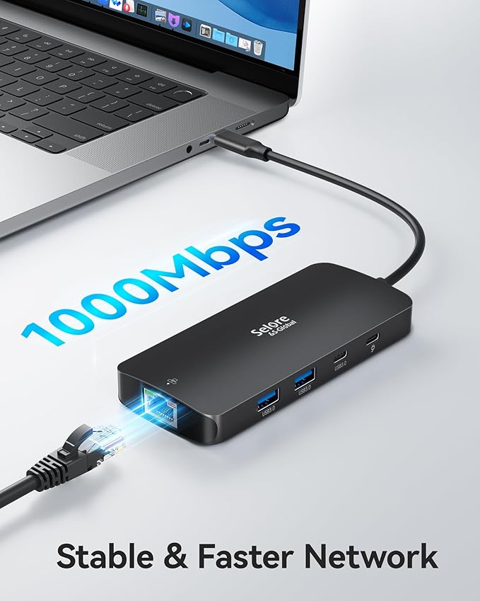 USB C Docking Station Dual Monitor, Selore Docking Station 3 Monitors Triple 4K Display with 2 HDMI, DisplayPort, 1 Gbps Ethernet, 100W PD Charging, USB 3.0 Ports Adapter for Dell, HP, etc(Black)