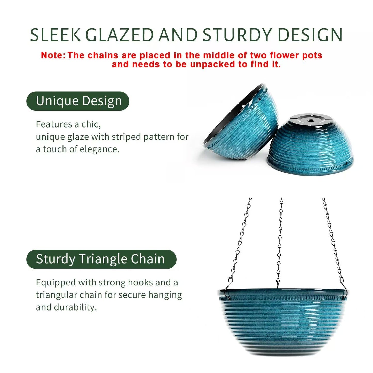 Vanslogreen 2 Pack Hanging Planters for Indoor Outdoor Plants, 10 Inch Hanging Planter with Drainage Hole & Plug Glazed Hanging Baskets Flower Pots for Garden Home (Blue)