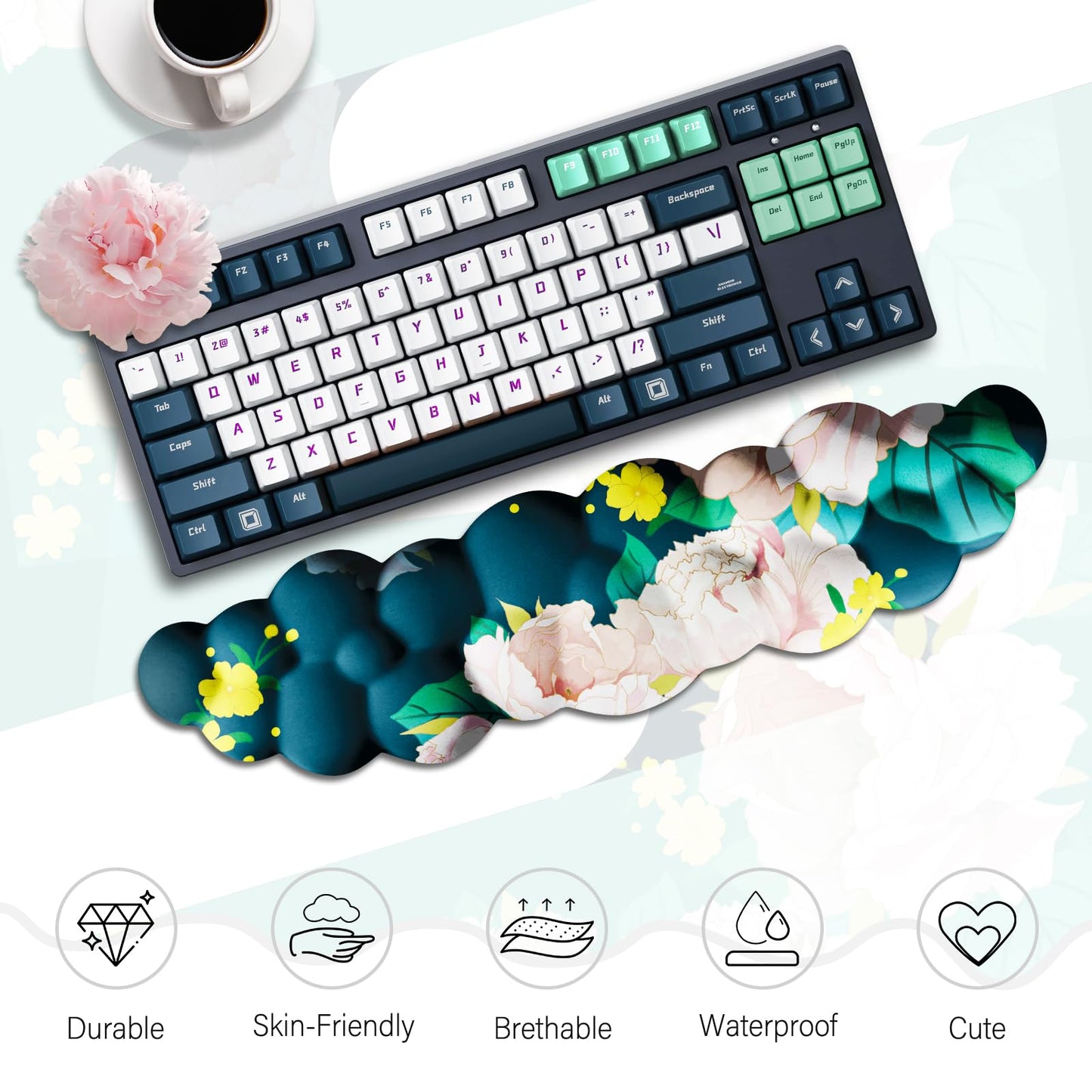 JIKIOU Cloud Wrist Rest Keyboard, Cloud Keyboard Wrist Pad Set with Comfortable Cloth, Cute Arm Rest for Palm Support, PC/Gaming Desk Accessories/Office Setup/Computer Hand Cushion Peony