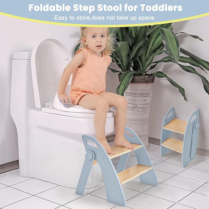 Wooden Step Stool, Two Step Stools, 300 lb. Load Capacity, with Safety Non-Slip Pads and Handles, Bamboo Step Stool for Bathroom and Kitchen, Children's Christmas Gift（Blue）