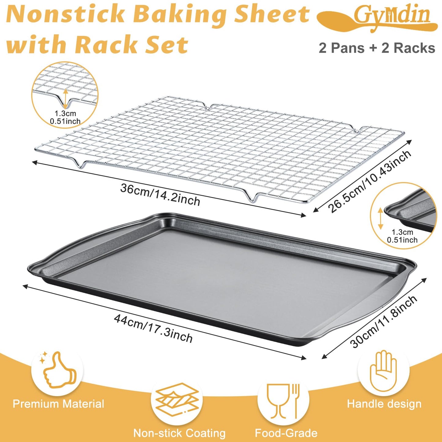 Gymdin Baking Sheet with Cooling Racks - Carbon Steel Cookie Sheets for Baking [2 Sheets + 2 Racks], Nonstick Baking Pans, Perfect for Baking, Roasting, and More, Size 17 x 11 x 0.5 Inches