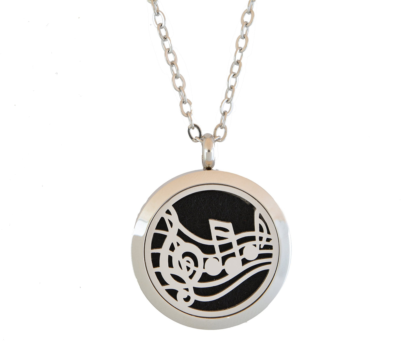 Aromatherapy Essential Oil Diffuser Stainless Steel 30MM Silver Magnetic Locket Pendant with Chain Necklace and Colored Refill Pads & Diffuser Bracelet All in a Velvet Bag (Music)