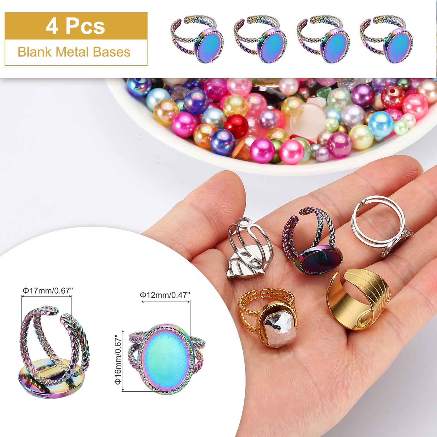 MECCANIXITY 4Pcs Stainless Steel Ring Base Blank, 16x12mm Adjustable Pad Cabochon Ring Blank Base Flat Bezel Tray for Jewelry Making Finding DIY, Rainbow