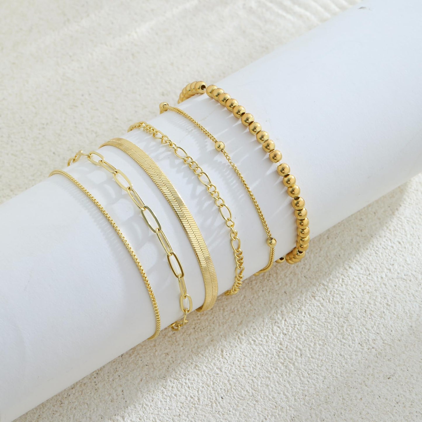 VIROMY Gold Bracelets for Women Waterproof,14K Gold Plated Layered Stackable Bead Bracelet Adjustable Size Jewelry Sets Gifts 6PCS