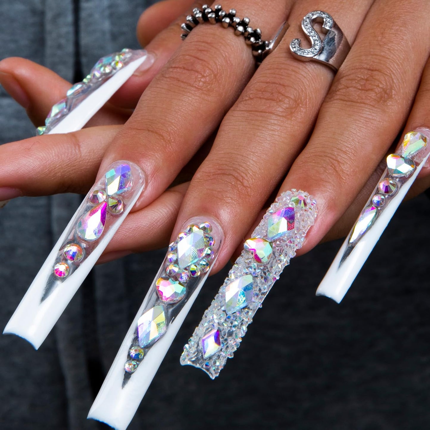 LOVFUL Press on Nails Candy Diamonds & White French Tip | Luxury Spring French Tip Glossy Press On Nails with Bling | Square Long 2.2 in | H36(M)