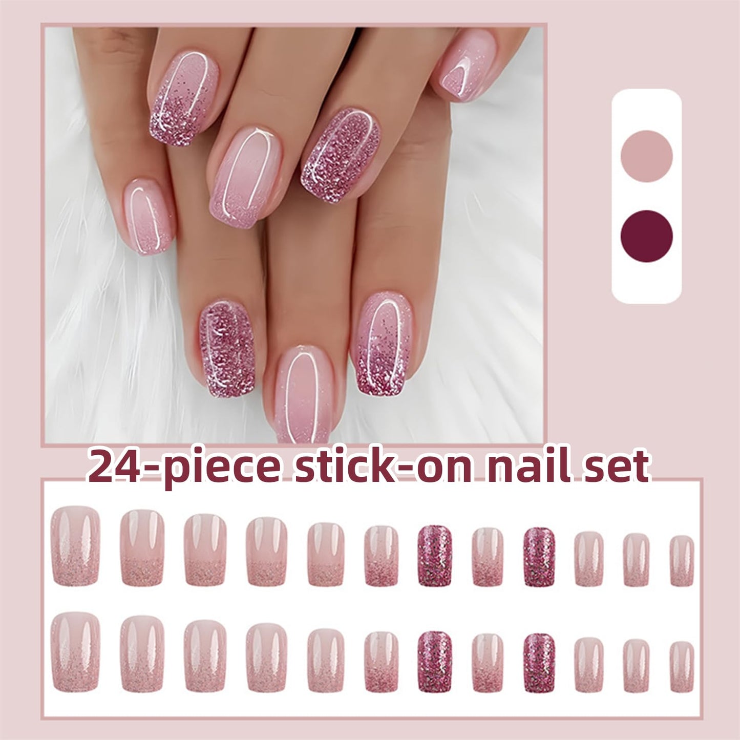 24Pcs Medium Square Press On Nails Gradient Pink Sparkle Fake Nails Acrylic Artificial False Nails Manicure Nail Art Supplies for Women Decoration