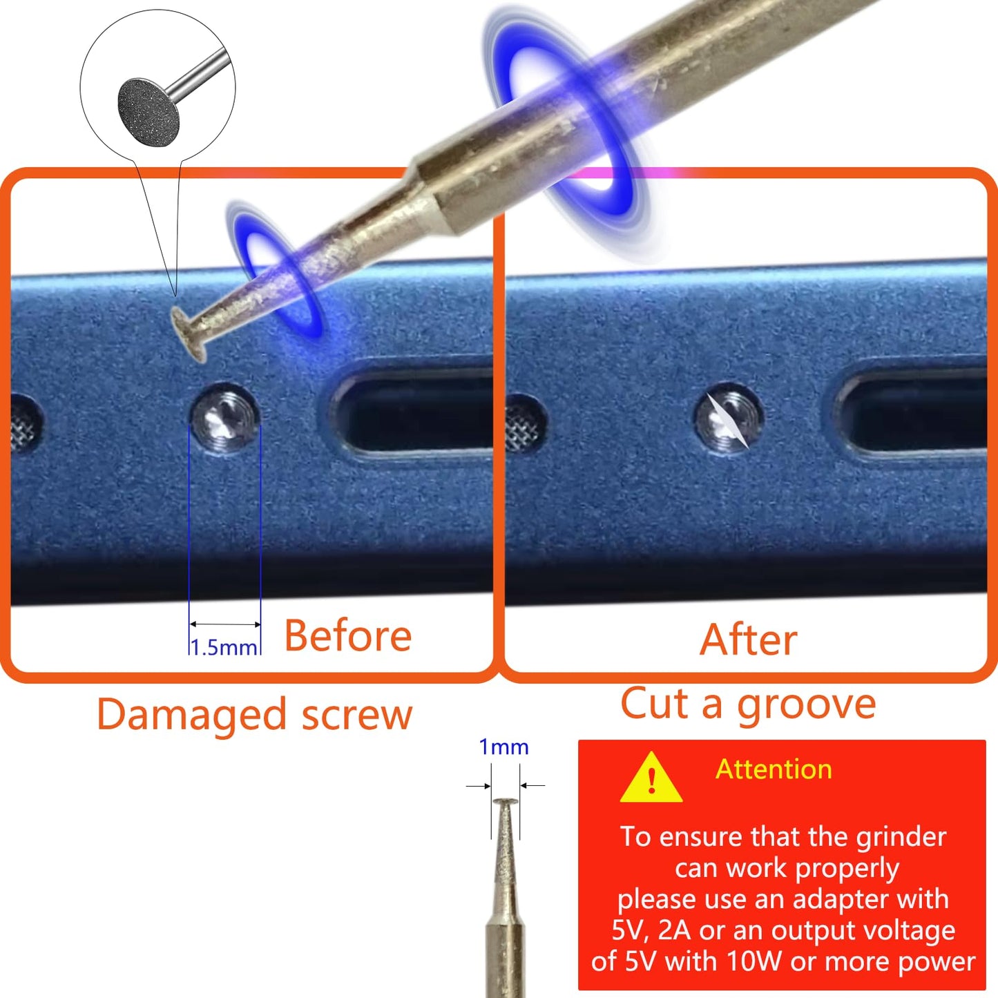 Damaged Screw Removal for Cell Phone, Broken Screw Extractor Kit for iphone, iphone Repair Tool, Electric Screw Cutter for Small Screw,4 size Heads, USB 5V Power Supply, Screw Extractor for Laptop/Pad