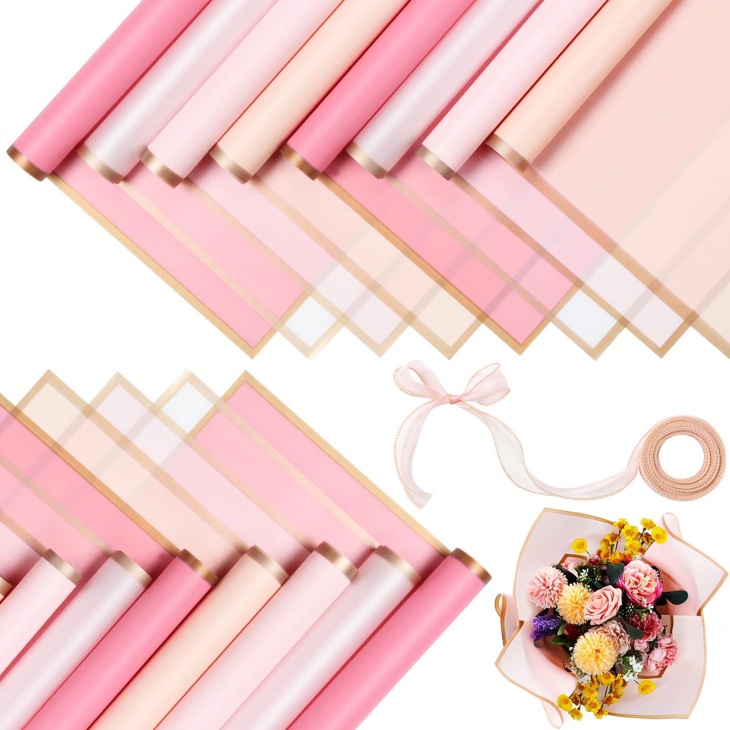 Fainne 80 Pcs Pink Flower Wrapping Paper Lotus Floral Bouquet Wrapping Paper with Gold Edge Waterproof Florist Floral Paper Bouquet for DIY Florist Supplies, 22.8 x 22.8 in