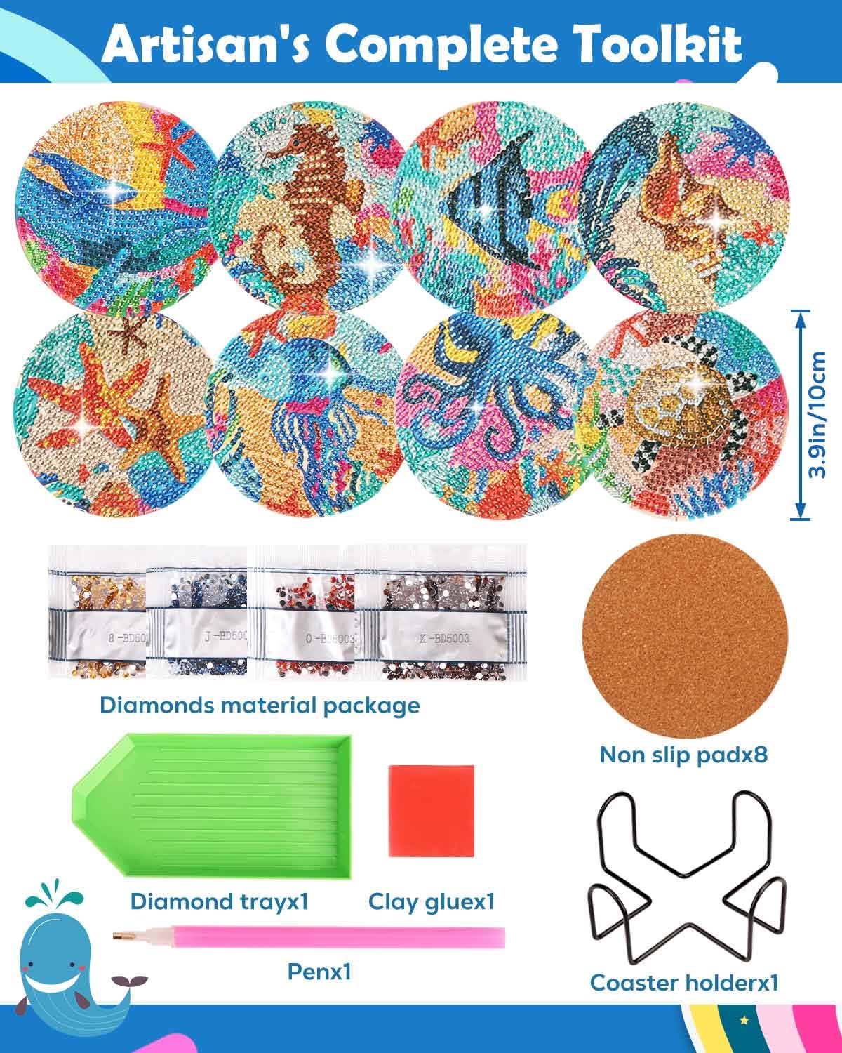 8 Pcs Diamond Art Painting Coaster Kit, DIY Small Gem Diamond Art Kits for Adults Women Beginners Kids, Diamond Dotz Kits Non Slip Coaster Craft Art Supplies (Ocean)