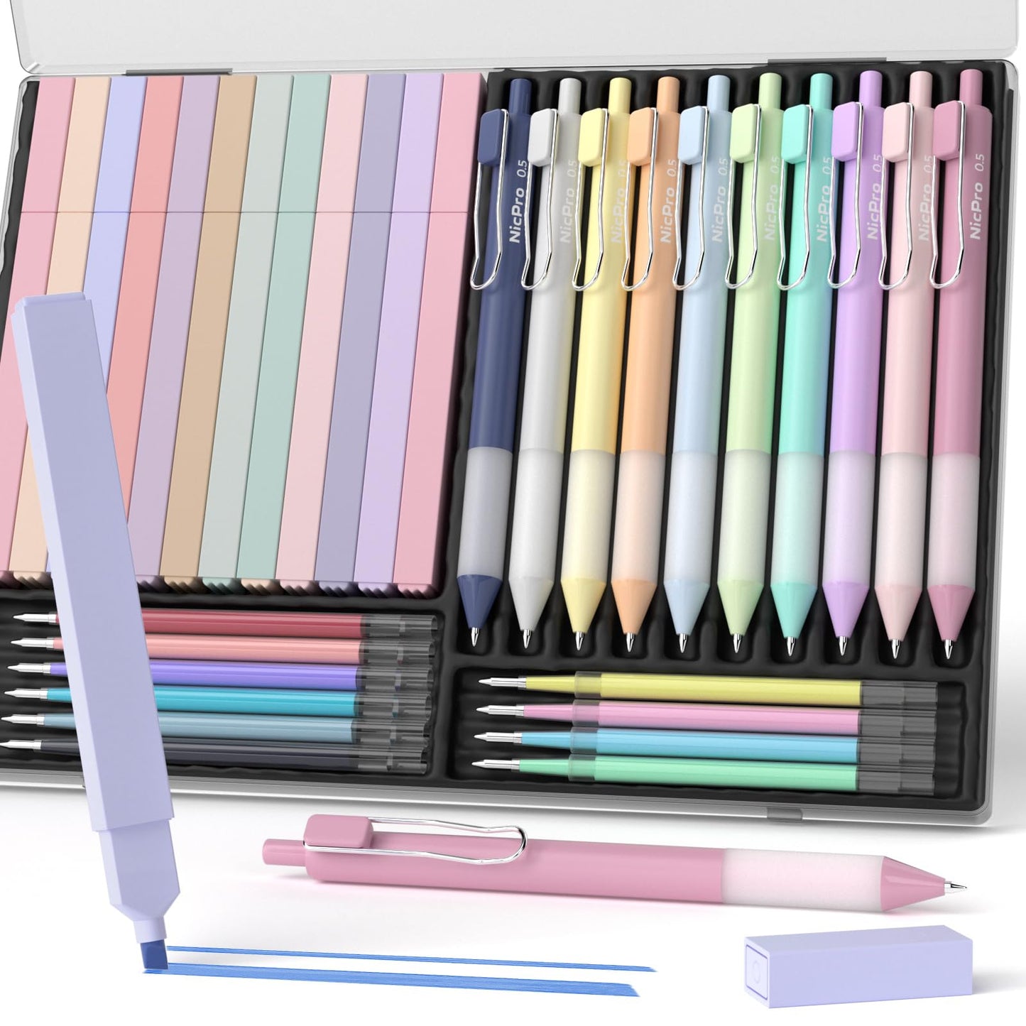 Nicpro 33PCS Aesthetic Highlighter and Gel Pen set with Case, 12 Bible Highlighters & Cute Pens Refills With Soft Ink & Tip, No Bleed Quick Dry for Bible Study Journaling Planner Notes School Supplies