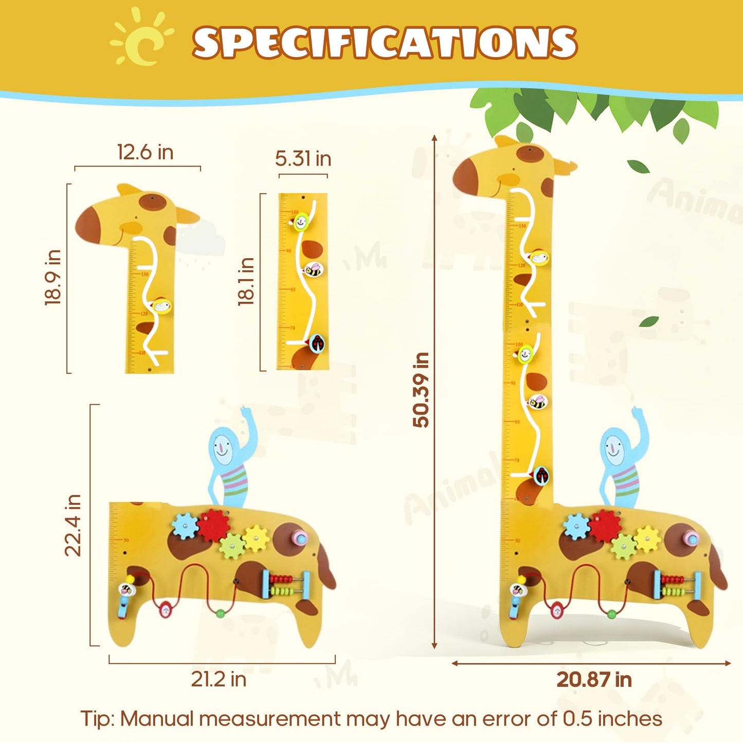 BROWNROOT Wooden Giraffe Growth Chart, Montessori Height Ruler with 5-in-1 Sensory Activities, Measuring Wall Toy for Kids 3-6, Bead Maze, Gears, Slide, Squeaker & Abacus, Educational Learning Gift